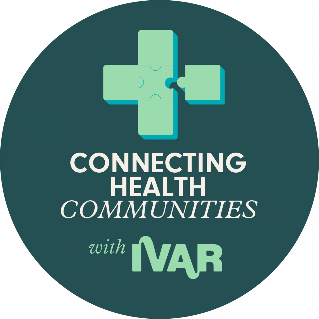 A flagship badge for the Connectin health communities with IVAR programme. It is a dark green badge, with a mint green cross made up of puzzle pieces with one puzzle piece about to connect to the cross.