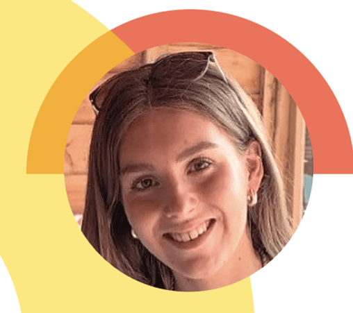 Profile picture of young volunteer, with yellow and orange graphics.