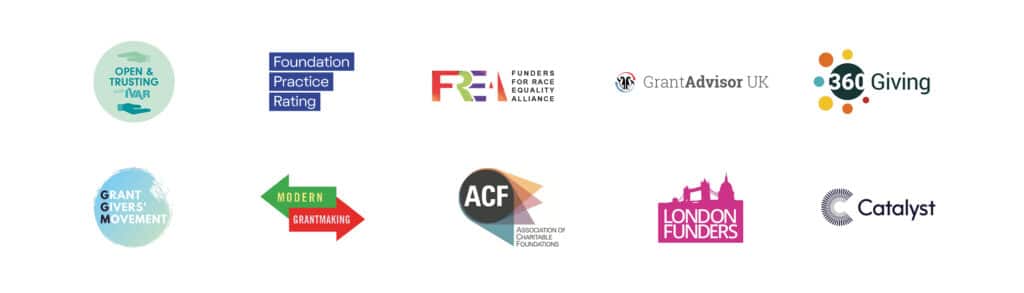 Logo Board including Open and Trusting badge from IVAR, Grant Givers Movement, Foundation Practice Rating, Modern Grantmaking, FREA, ACF, Grant Advisor UK, London Funders, 360 Giving and Catalyst.
