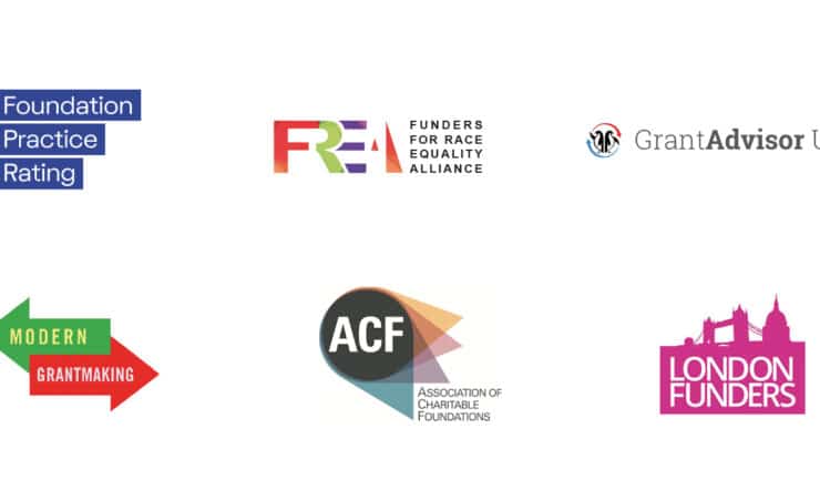 Logo Board including Open and Trusting badge from IVAR, Grant Givers Movement, Foundation Practice Rating, Modern Grantmaking, FREA, ACF, Grant Advisor UK, London Funders, 360 Giving and Catalyst.