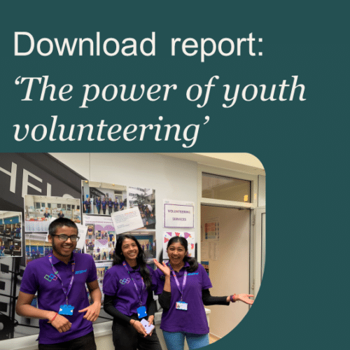 Download report: The power of youth volunteering. Three volunteers in hospital.